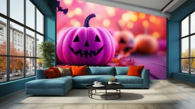 Cute halloween pink pumpkin with spooky festive background. Trick or treat decoration concept.  Wall mural